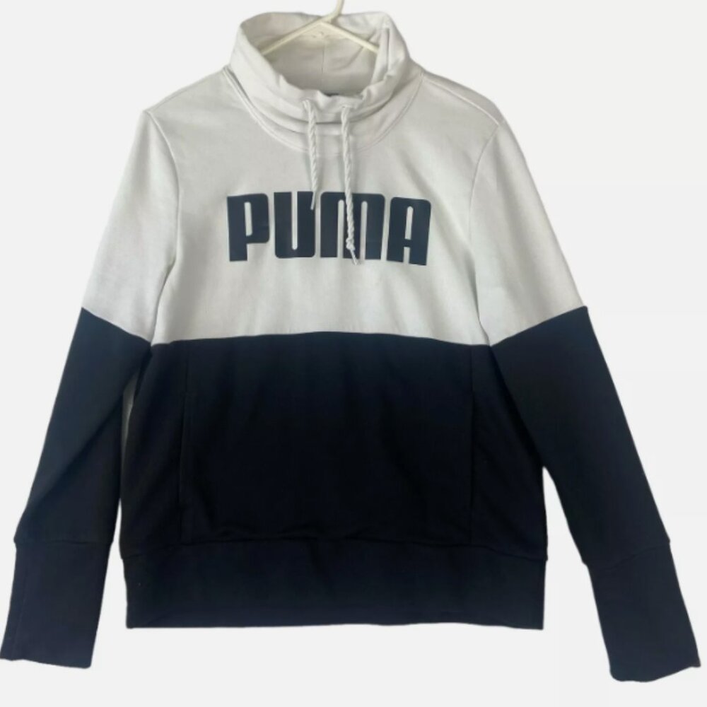 Women's PUMA Pullover High Neck Sweatshirt w/ Front Pocket Black White Large